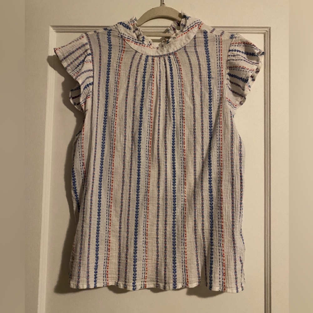 THML Striped Cotton Ruffle Sleeve Cotton Blouse Blue Red Size Large